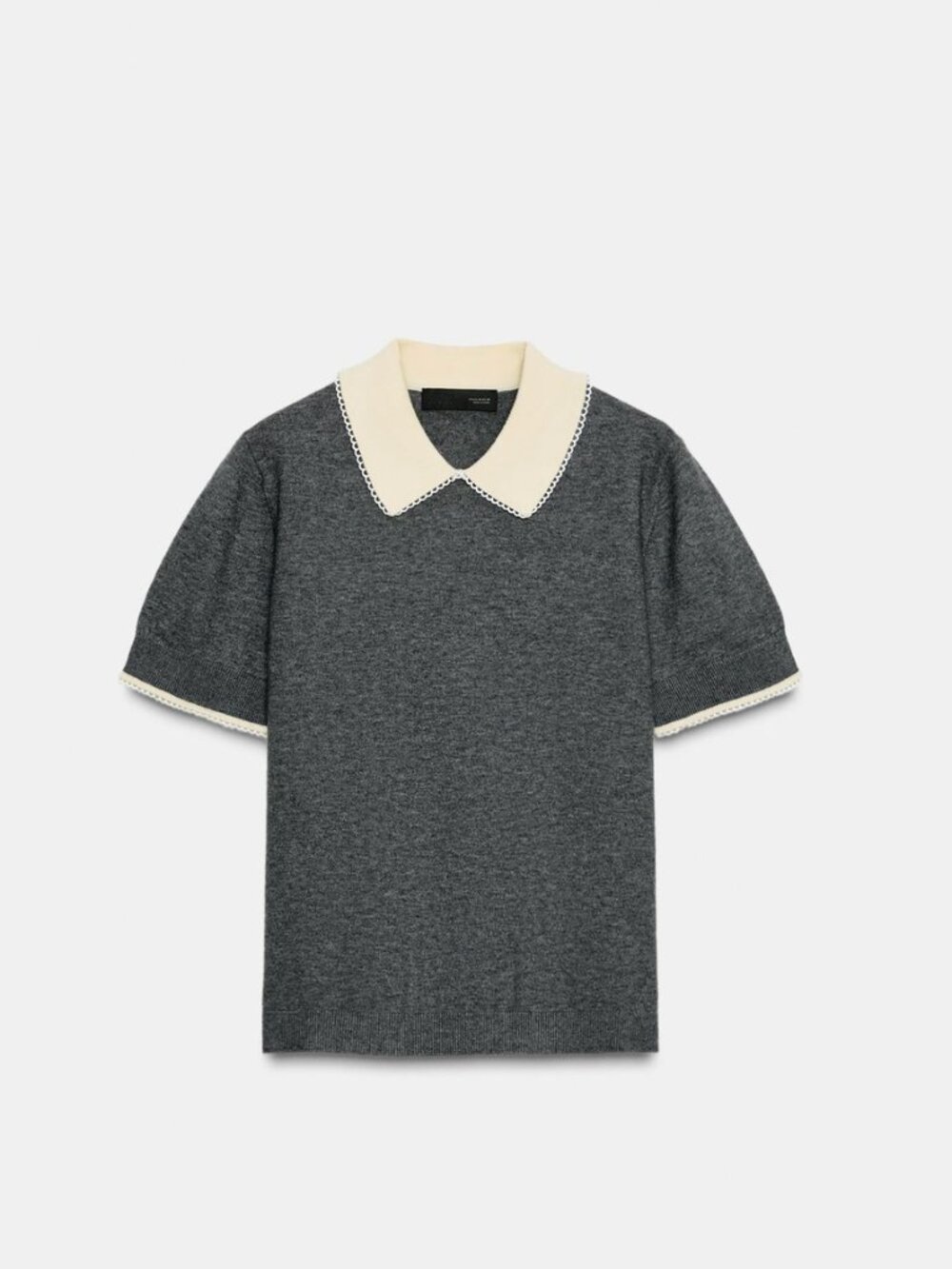 Zara SHORT SLEEVE LACE-TRIMMED POLO SHIRT Color Gray Marl Size Large